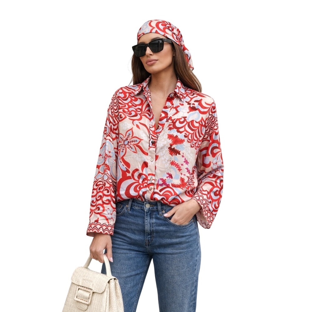 Zara Red Blue Psychedelic Floral Print Button Down Shirt & Scarf Set Small